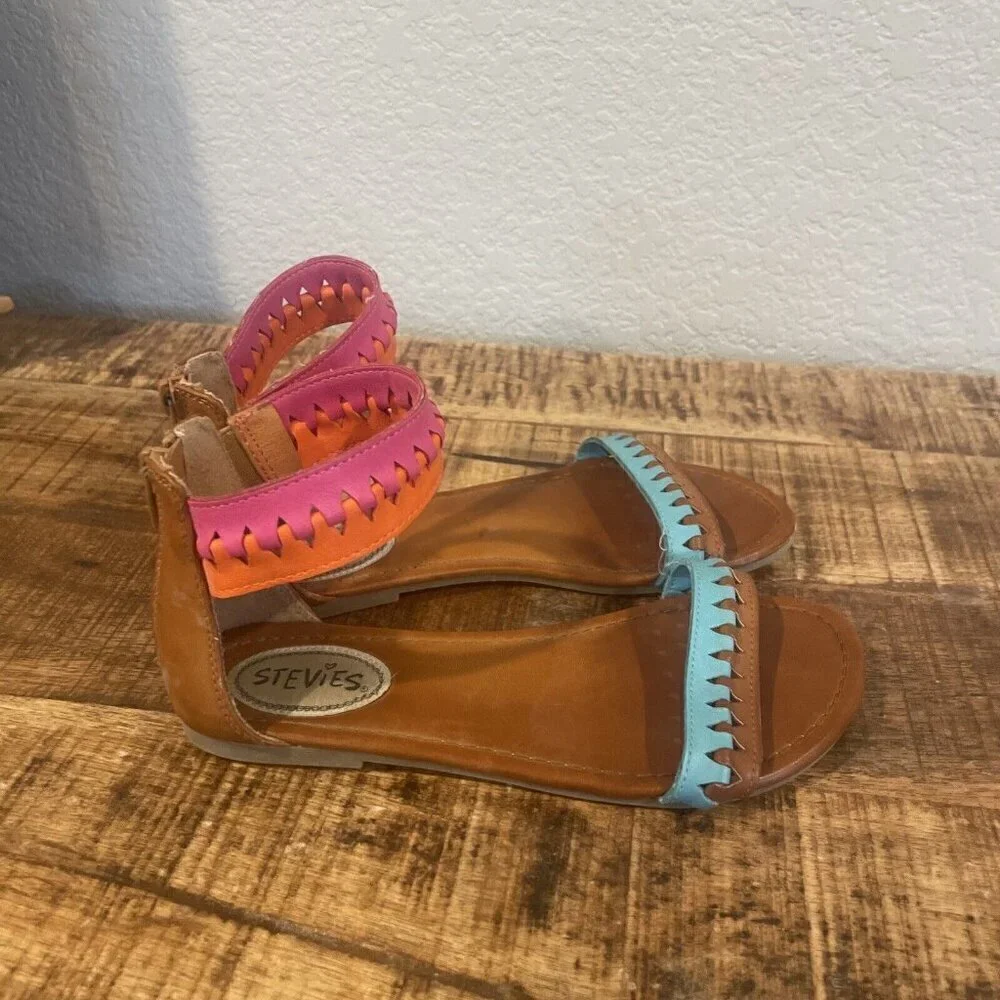 Stevies Girls 3 Tribal Gal Sandals Brown Pink Blue Ankle Strap Flats Open Toe
